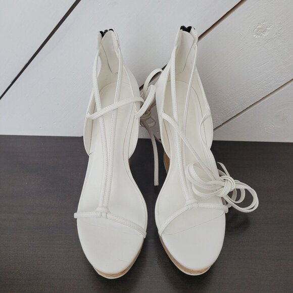NEW AAJ By Aminah Nina Lace-Up Architectural Wedge White 9 Sandals - Picture 4 of 10